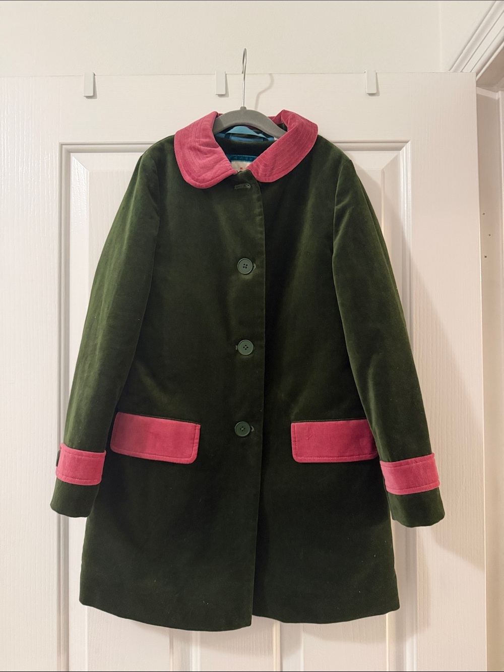 Mini Boden Green Velvet Coat with Pink Trim